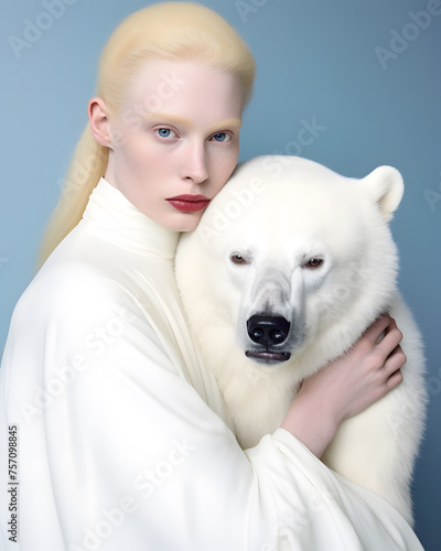 Beautiful blond woman holding white bear expressing friendship © Oksana