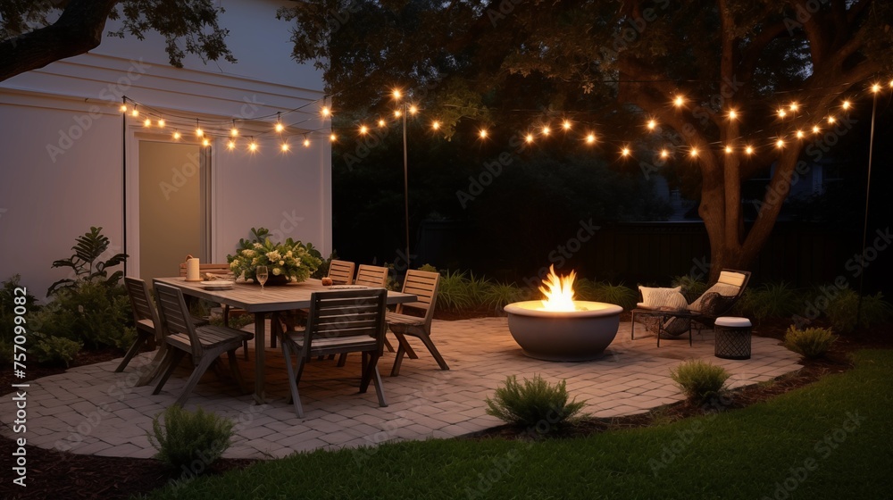 Create a cozy outdoor dining area with string lights and a fire pit