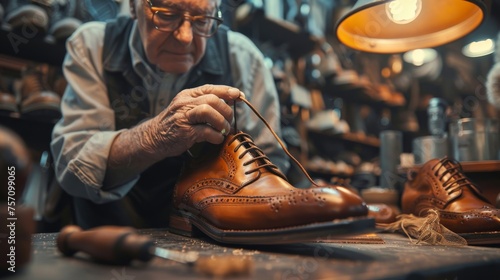 Italian shoemaker meticulously lacing up a handcrafted leather shoe in a vintage workshop © Georgii