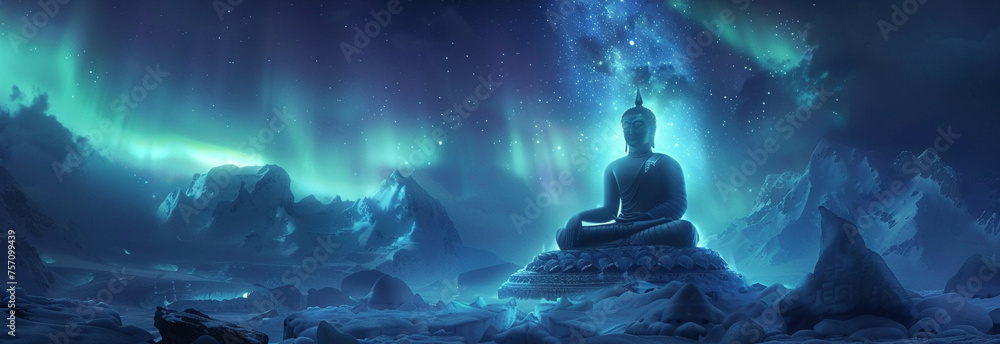 Buddha dharmachakra under northern lights - obrazy, fototapety, plakaty 