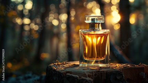 Euphoric Evening A Perfume Bottle on a Tree Stump Generative AI