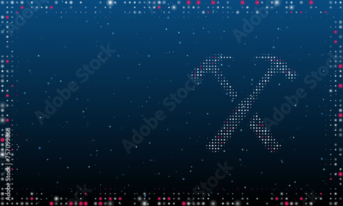 On the right is the crossed hammers symbol filled with white dots. Abstract futuristic frame of dots and circles. Vector illustration on blue background with stars