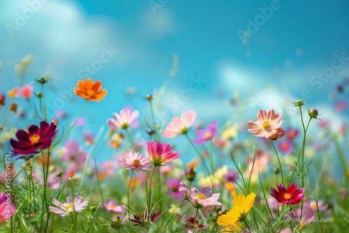 Multicolored cosmos flowers in meadow in spring summer nature against blue sky. Selective soft focus. © Straxer