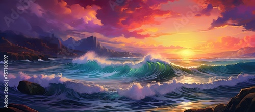 An art piece capturing the serene beauty of a sunset over the ocean, with waves crashing on the shore under a colorful sky filled with clouds and a peaceful atmosphere