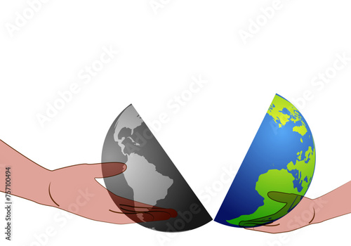 Día mundial del medio ambiente. Tierra contaminada vs tierra sana sujetada por un padre o madre y un hijo o hija. Tierra enferma vs Tierra sana. Tierra abierta