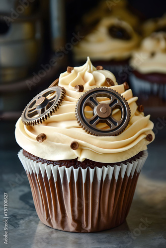 Steampunk decorated cupcake with buttercream icing and gears