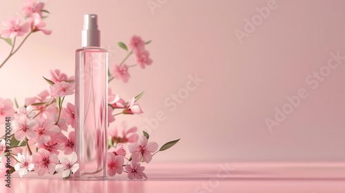 Transparent glass perfume bottle mockup with beautiful flowers on a pink background