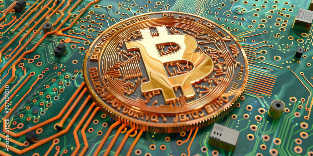 A reflective Bitcoin coin centered on a vibrant green circuit board with copper wiring details
