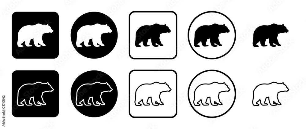 Icon set of bear icon. Filled, outline, black and white icons set, flat style.  Illustration on transparent background