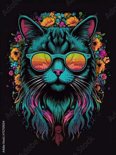 Cat in sunglasses looking into camera on black graffiti-style background around flowers. Generated AI. photo