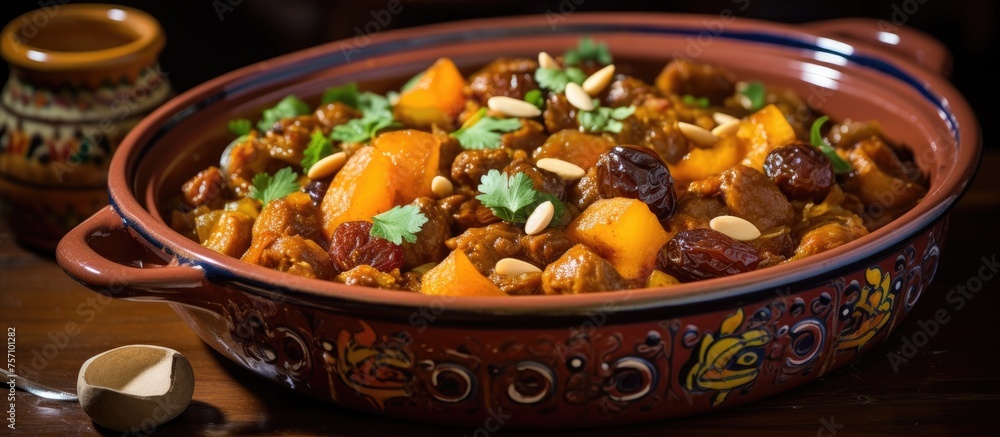 A delicious dish made with natural foods, including meat and vegetables, is placed on a table. The recipe includes fresh ingredients and healthy produce A delicious dish made with natural foods, including meat and vegetables, is placed on a table. The recipe includes fresh ingredients and healthy produce