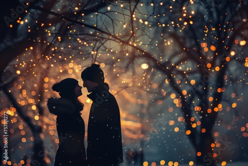 Silhouette of two lovers leaning towards each other in an atmospheric winter park with Christmas lights on the trees in the evening. Blurred defocused christmas image. © Straxer