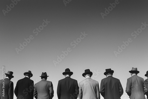 Black and white photograph: a group of business people standing in a row in suits and hats with their backs looking at the sky