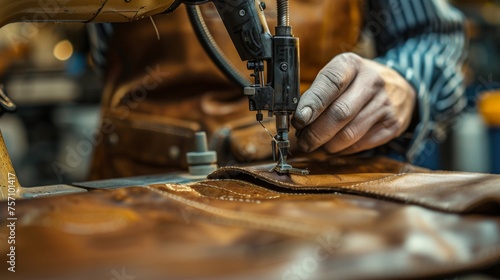 Artisan leatherworker sewing a piece with focus and precision in workshop