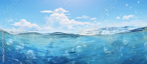 An underwater scene with bubbles floating in the water, displaying a clear blue sky and fluffy white cumulus clouds on the horizon