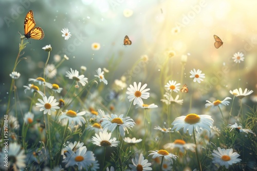 Sunlit field of daisies with fluttering butterflies. Chamomile flowers on a summer meadow in nature, panoramic landscape. © Straxer