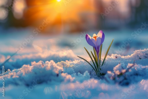 The first spring forest flower crocus in the snow and sunlight with beautiful bokeh. Beautiful spring natural background. © Straxer