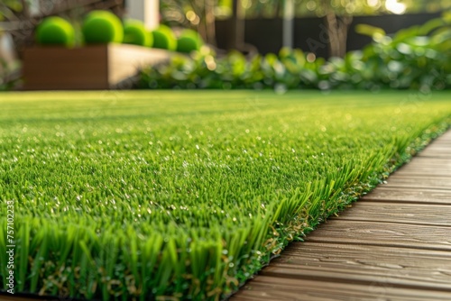 Contemporary Lawn Turf with Wooden Edging in Front Yard of Modern Australian House. Artificial Grass with Clean Design and Boundary Decoration