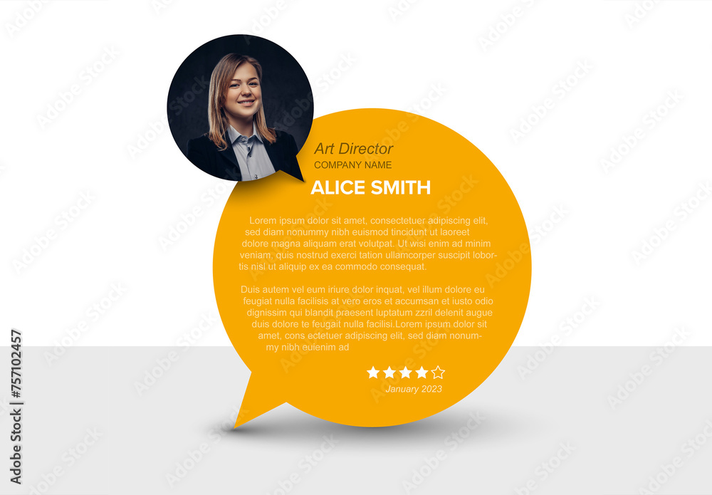 Person light quote testimonial or review template with big yellow speech bubble and photo placeholder