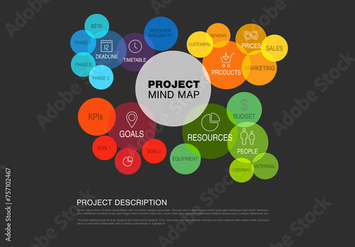 Obraz na płótnie Rainbow circles project management mind map dark scheme diagram made w salonie