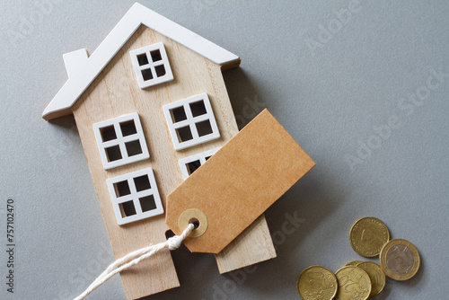 Miniature model of wooden house with tag and money, concept of selling, buying or renting real estate
