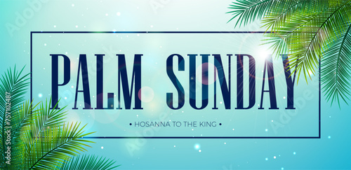 Palm Sunday Illustration for Christian Religious Occasion with Palm Leaves and Ray of Sunshine on Sky Blue Background. Vector Holy Week Design for Savior Celebrate Theme Poster Template for Banner