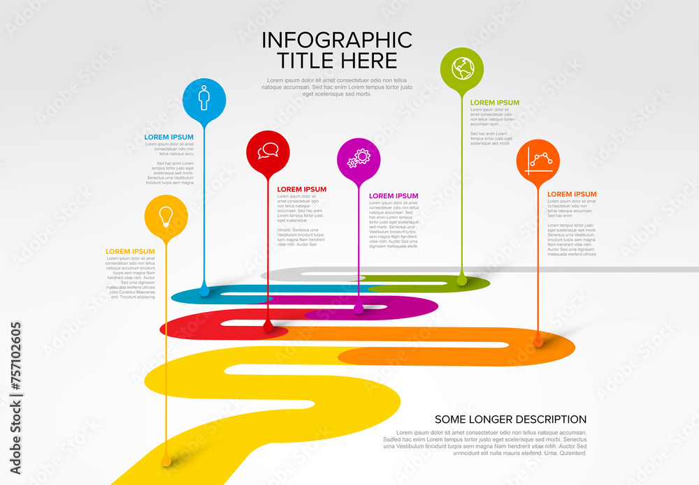 Infographic timeline template with droplet arrows pointers on thick curved color line