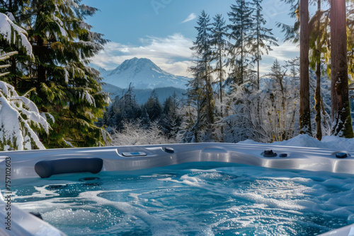 Outdoor hot tub bubbles with warm water with a panoramic view of distant mountains. Jacuzzi for relax in nature. Lounge zone for spa retreat in luxury hotel resort