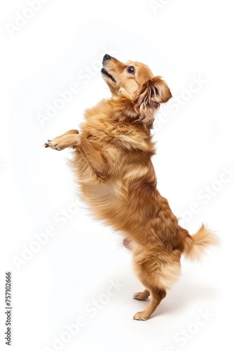 A playful dog standing on its hind legs on white background © stefano