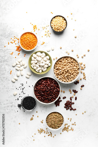 Various types of legumes, beans, lentils, chickpeas and peas, top view