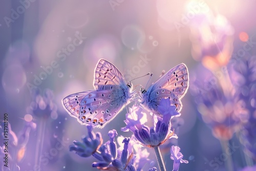 Two lilac butterfly on Lavender flowers in rays of summer sunlight in spring outdoors macro in wildlife, soft focus. Delightful amazing atmospheric artistic image of beauty of nature environment. © Straxer