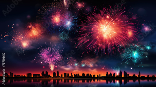 An image of fireworks show composition in city celebration concept Generative AI