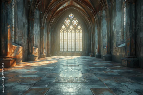 Empty medieval hall with rays of sunlight through stained window glass. Middle aged cathedral interior with columns and vaulted arches