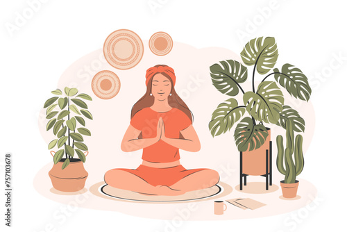 Girl practicing yoga and enjoying meditation in her room or apartment. Woman in namaste pose exercise. Concept illustration for yoga, meditation, relax, healthy lifestyle. Vector illustration