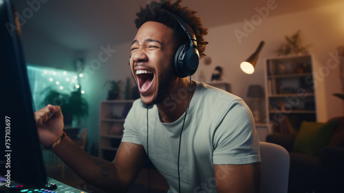 An excited happy African American Streamer Gamer is playing a video game with live streaming on the internet from home. Cyber Sports, Online Championship, Victory, Esports, Hobby concepts.