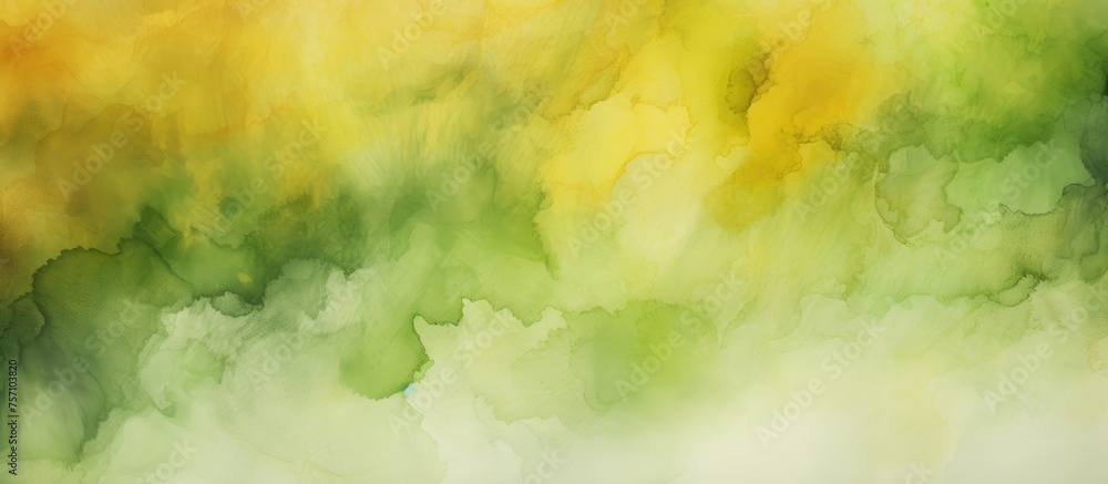 Fototapeta premium A detailed closeup of a watercolor painting displaying a vibrant mix of yellow and green tones resembling a natural landscape with grass and cumulus clouds