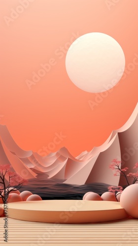 presentation mockup in peach tones, in the abstract background style of Japanese minimalism, copy space, vertical