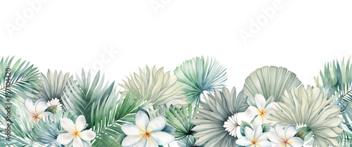 Tropical exotic seamless pattern with tropical green palm, banana leaves and flowers. Watercolor botanical background