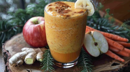 a smoothie is garnished with a banana, apple, and cinnamon in a glass next to carrots and ginger. photo