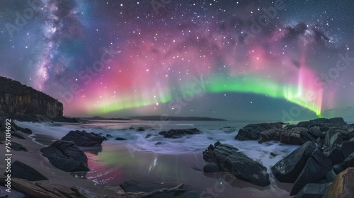 Aurora Australis. Spectacular Display of Vibrant Green and Pink Lights Painting the Night Sky Above an Australian Beach. Stars Twinkle as Waves Gently Caress the Rocky Shoreline. © EMRAN