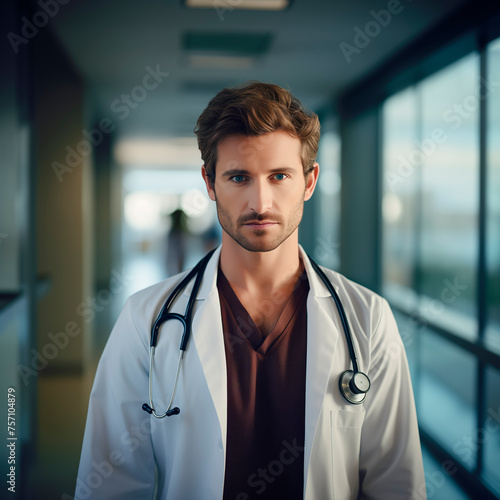 Junger Arzt in Krankenhaus Umgebung, Hochformat