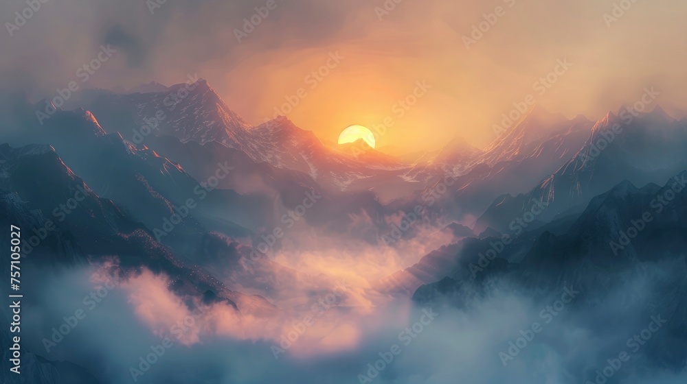 Golden Sunrise. Snow-Covered Mountains and Misty Valleys Awaken to the Warmth of Dawn