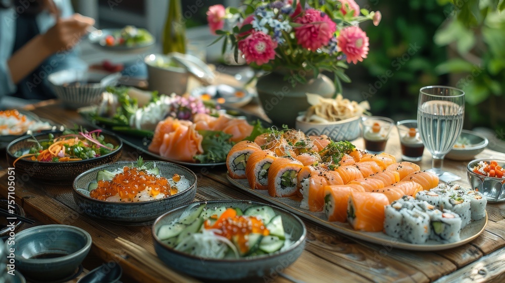 a wooden table topped with plates of sushi and bowls of rice and broccoli next to a vase of flowers.