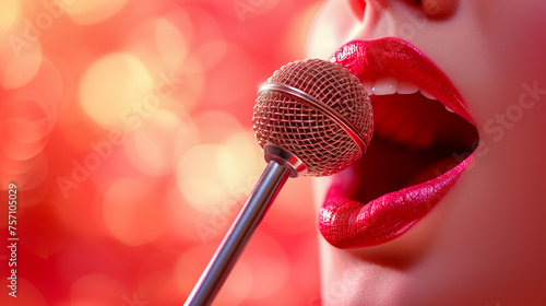 Close-up of a woman's red lips singing into a vintage microphone with a bokeh background © weerasak