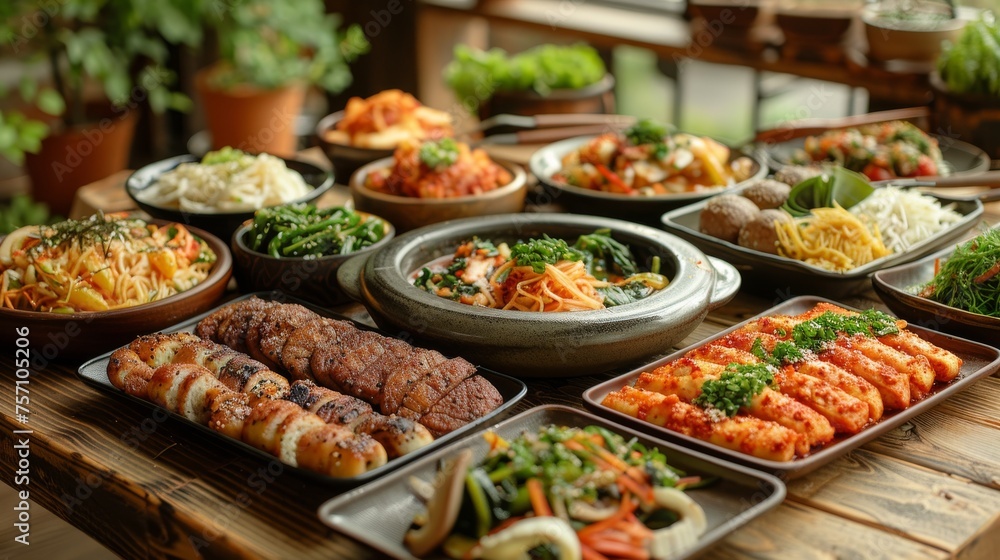 a wooden table topped with lots of trays filled with different types of food covered in sauces and seasonings.