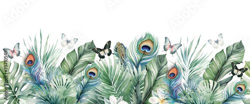 Tropical exotic seamless pattern with tropical green palm, banana leaves and peacock feathers. Watercolor background