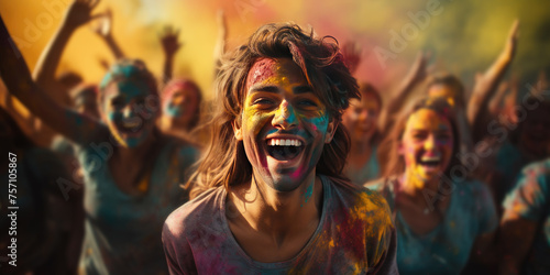 Happy group of people celebrating Holi the Festival of Colours