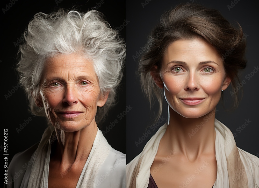 Aging process, rejuvenation anti-aging skin procedures old and young concept Aging process, rejuvenation anti-aging skin procedures old and young concept