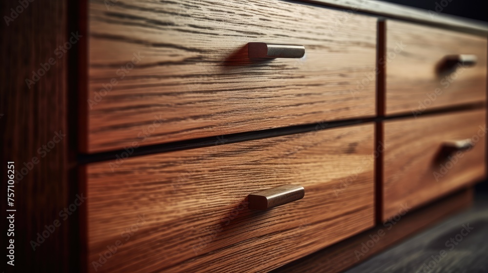Close up of wooden chest of drawers. - obrazy, fototapety, plakaty 