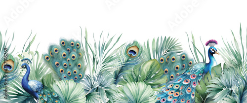 Tropical exotic seamless pattern with tropical green palm, banana leaves and peacock feathers. Watercolor background